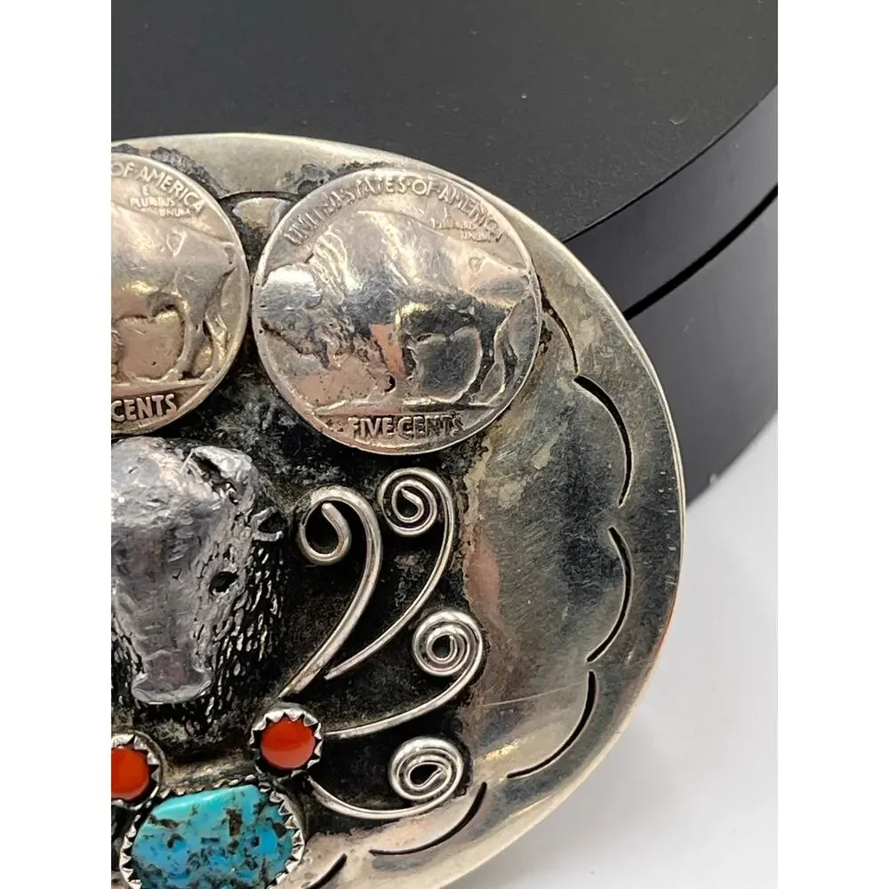 Squaw Wrap Vintage Native American Turquoise Coral Buffalo Nickel Belt‎ Buckle